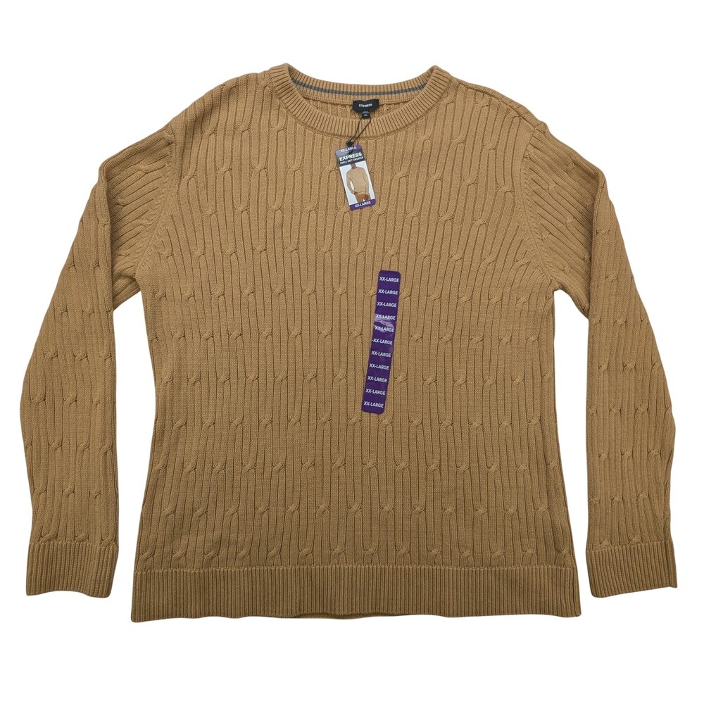 Express Sweater Mens 2XL Cable Knit Tan Crewneck Pullover NWT Cotton Classic